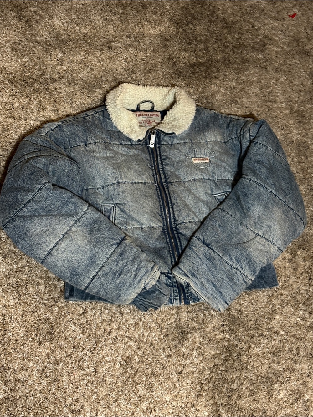 True Religion Denim-Style Blue Puffer Jacket with Sherpa Collar